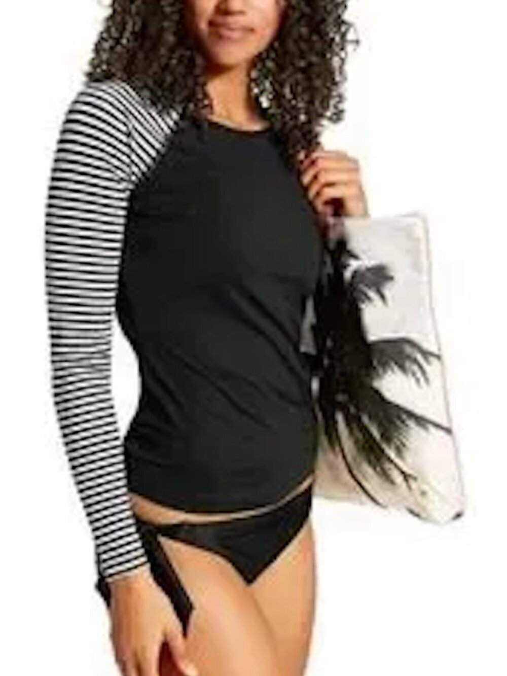 Athleta Rashguard, Long-Sleeve Raglan Top w/ Black & White Stripe Sleeves Nice!